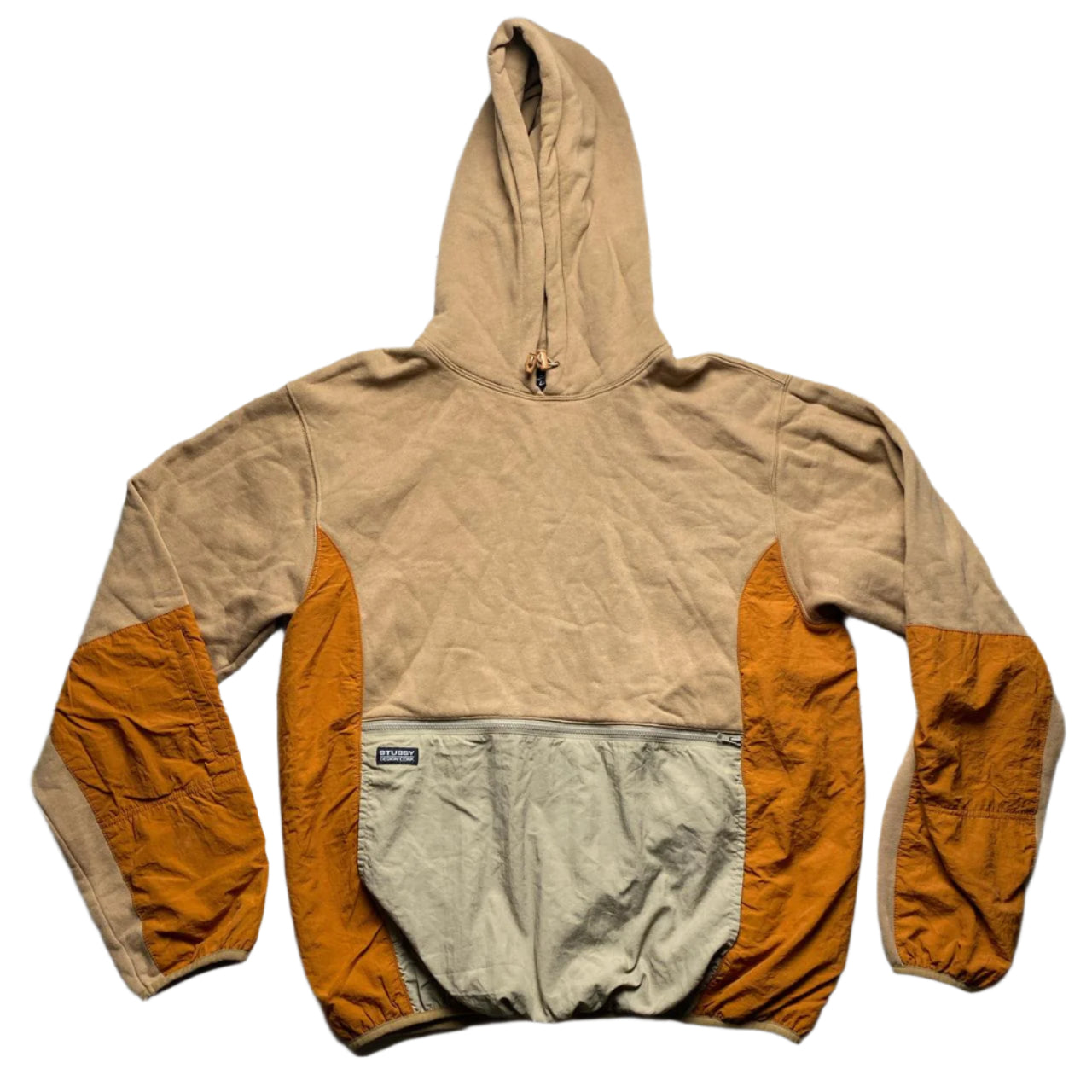 Stussy Tan Sand Brown and Orange Nylon Panelling Hoodie (M)