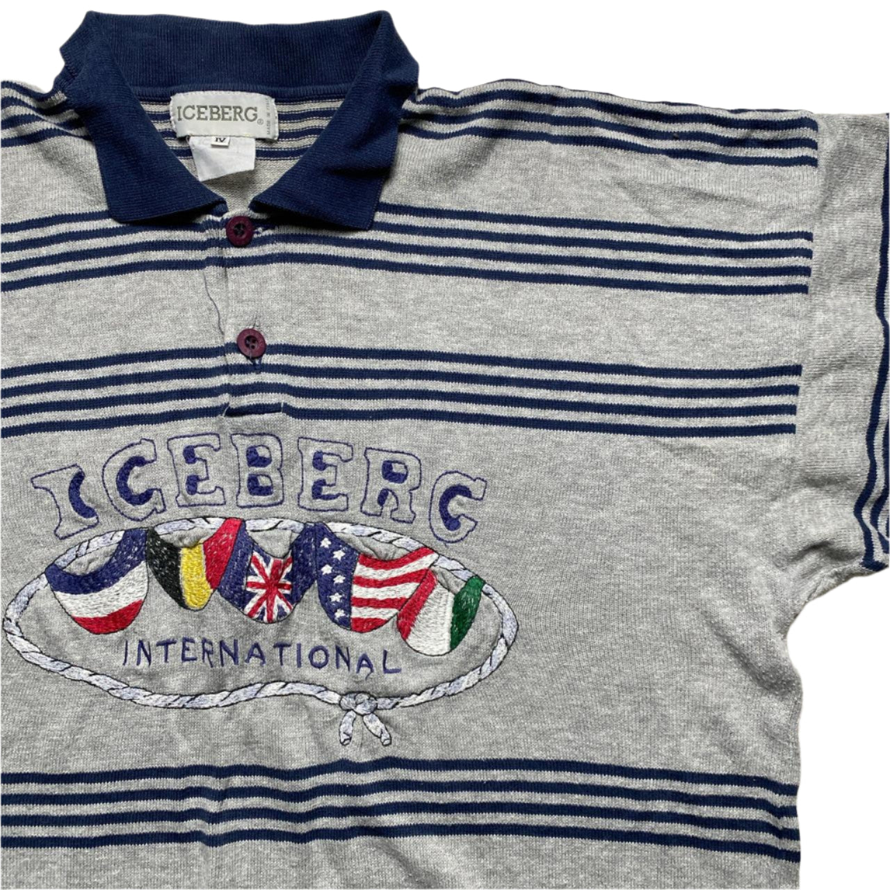 Iceberg Vintage 90’s Striped Grey and Navy Flags Polo Shirt (XL)