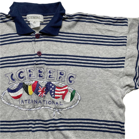 Iceberg Vintage 90’s Striped Grey and Navy Flags Polo Shirt (XL)