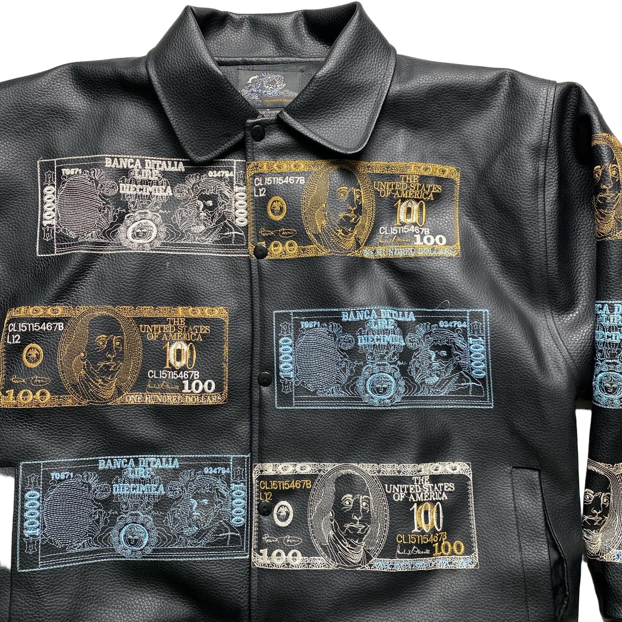 Raw Blue Dollar Bill and Italian Money Embroidery Leather Vintage Bomber Jacket (M)