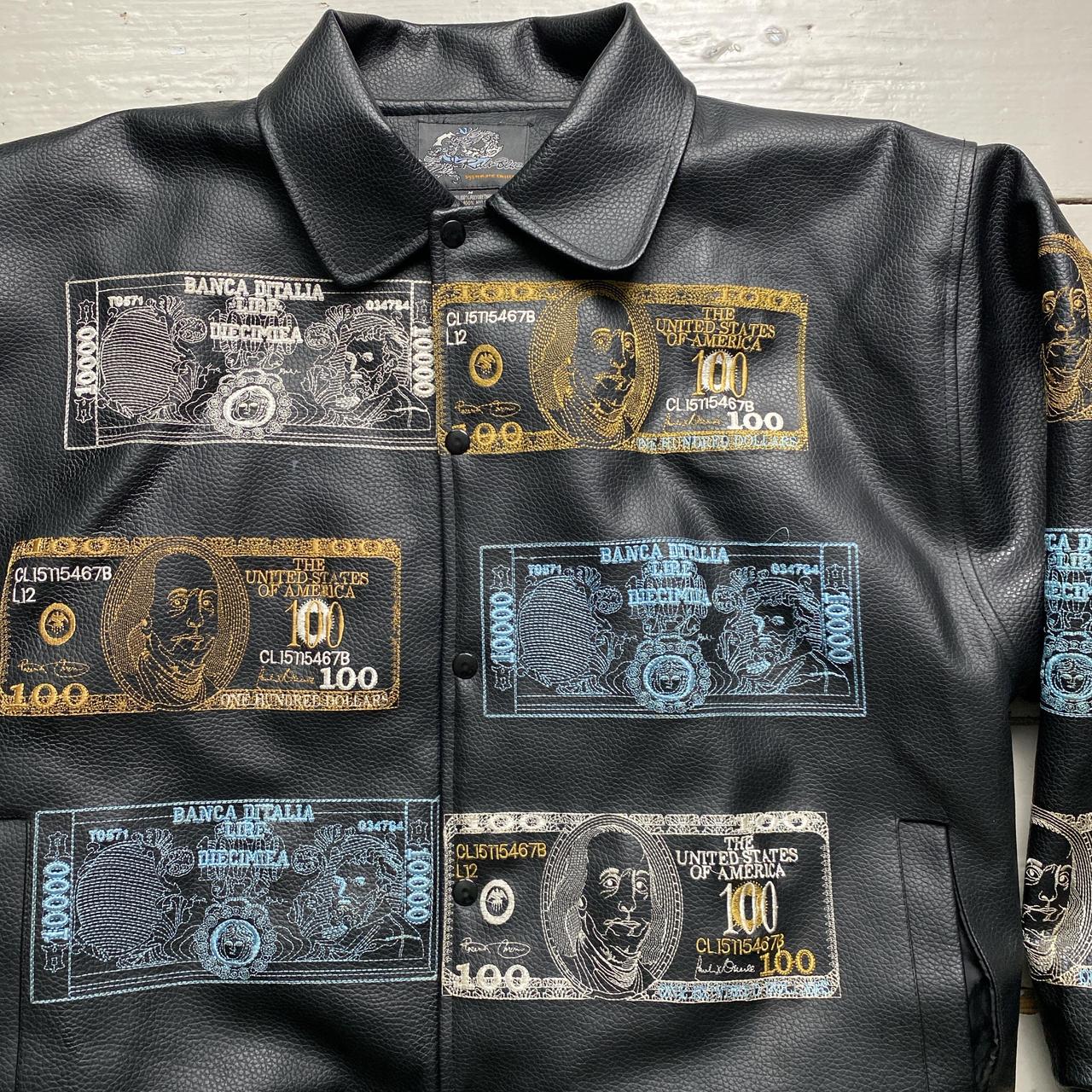 Raw Blue Dollar Bill and Italian Money Embroidery Leather Vintage Bomber Jacket