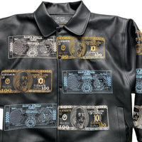 Raw Blue Dollar Bill and Italian Money Embroidery Leather Vintage Bomber Jacket (M)