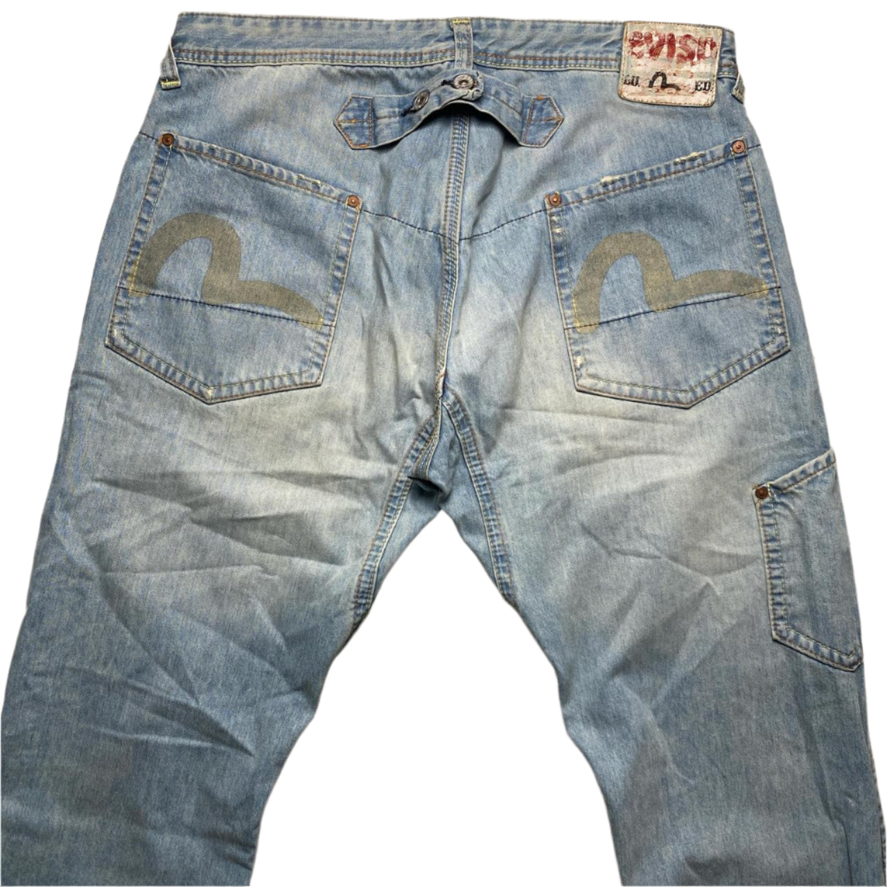 Evisu Baggy Cargo Jeans Light Blue with Cream Daicock Swoosh (34W)