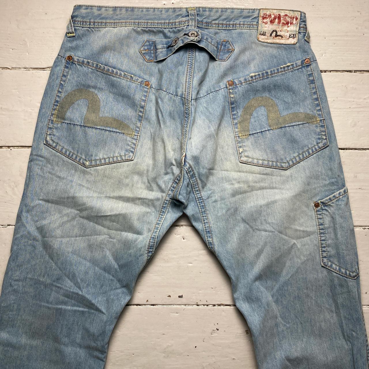 Evisu Baggy Cargo Jeans Light Blue with Cream Daicock Swoosh