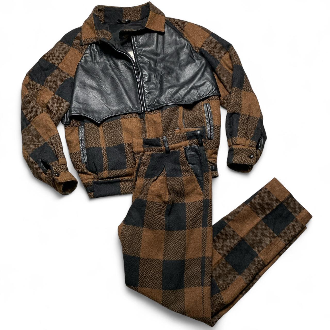 Vintage Brown and Black Plaid Wool and Leather Full Suit Jacket and Trousers (L)