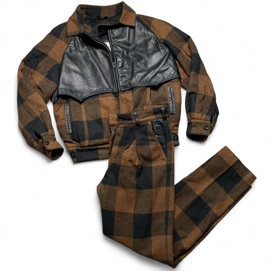 Vintage Brown and Black Plaid Wool and Leather Full Suit Jacket and Trousers (L)