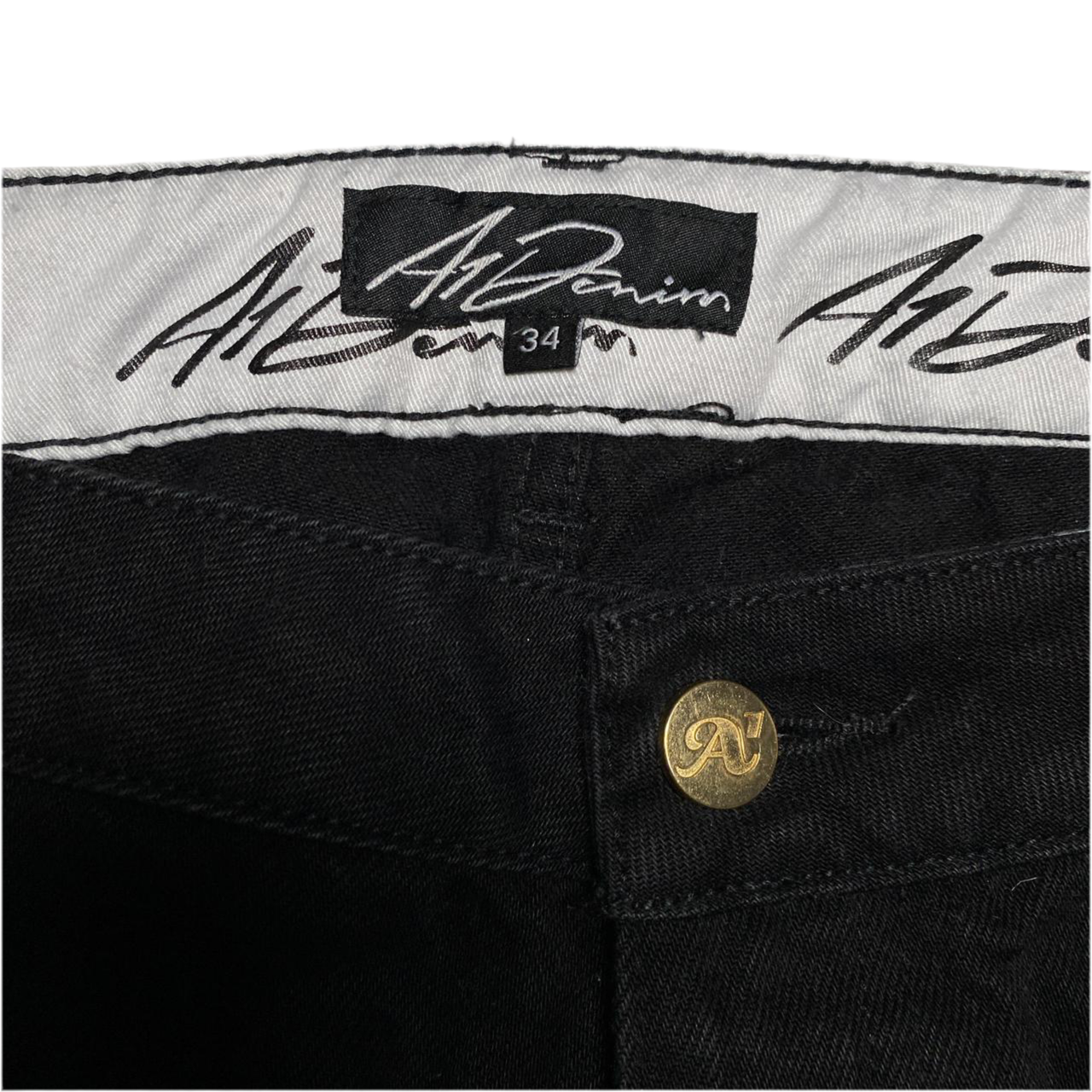 A1 Denim Baggy Carpenter Black and White Embroidery Jeans (34W)