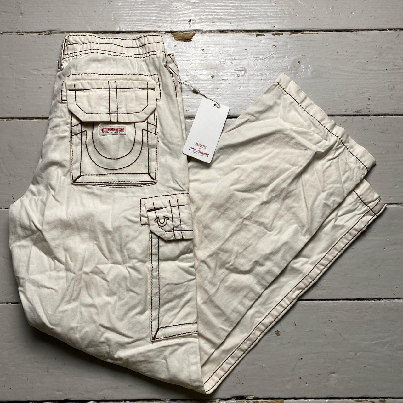 True Religion Baggy Cream and Brown Embroidery Cargo Trousers