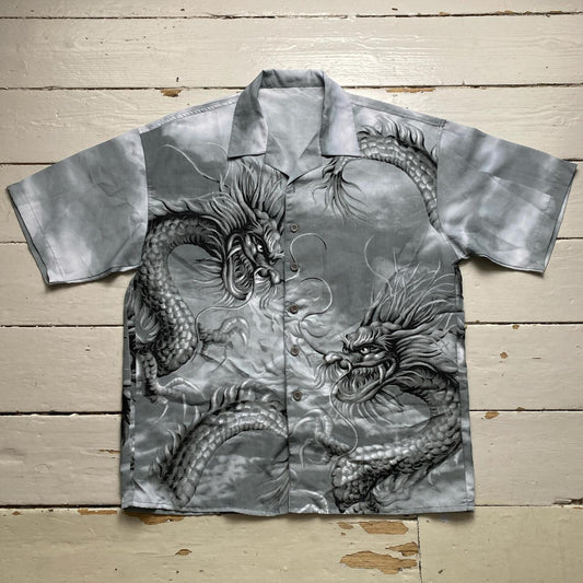 Y2K Vintage Dragon Silver Japanese Silk Shirt