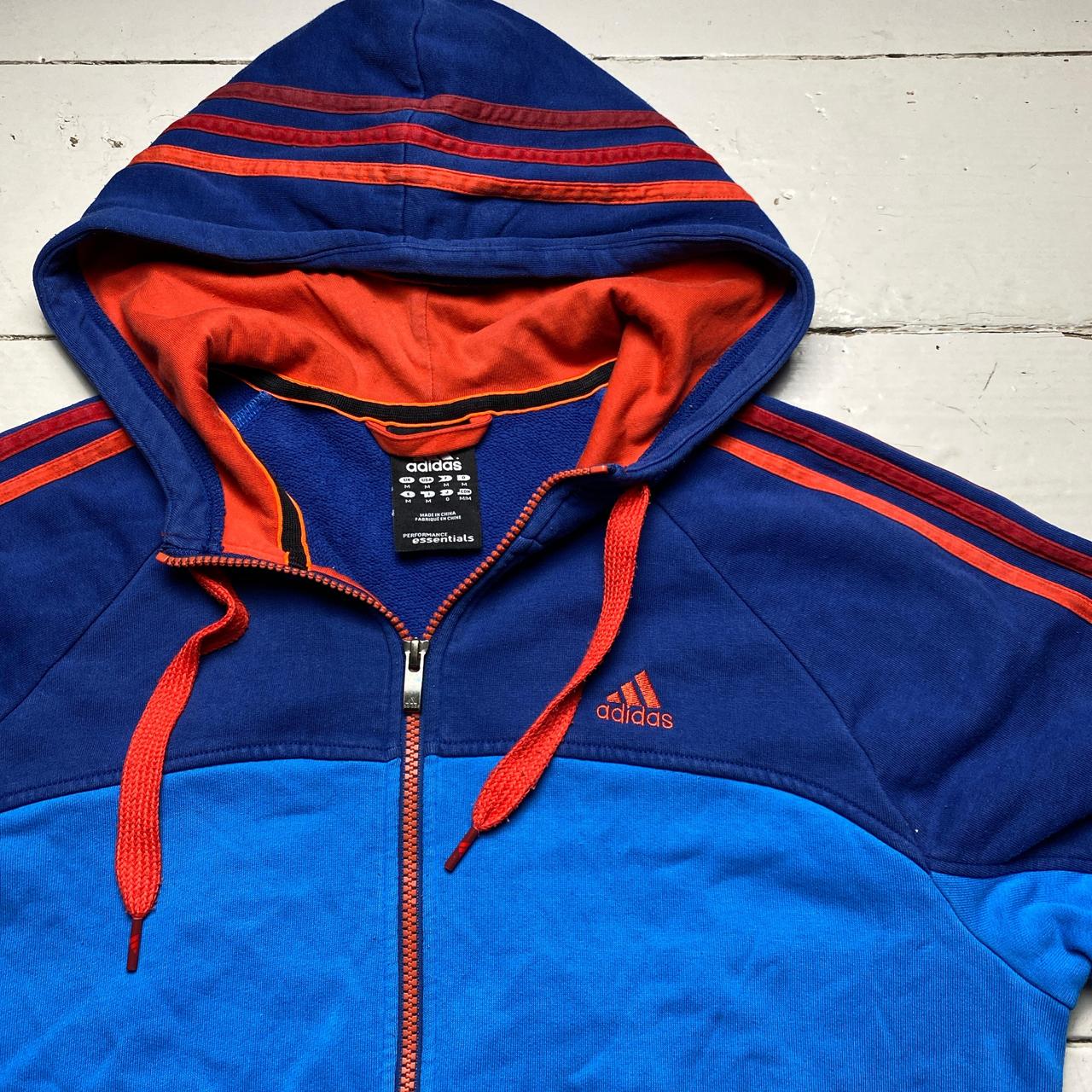 Adidas Performance Essentials Blue Two Tone Orange Red Stripes Hoodie