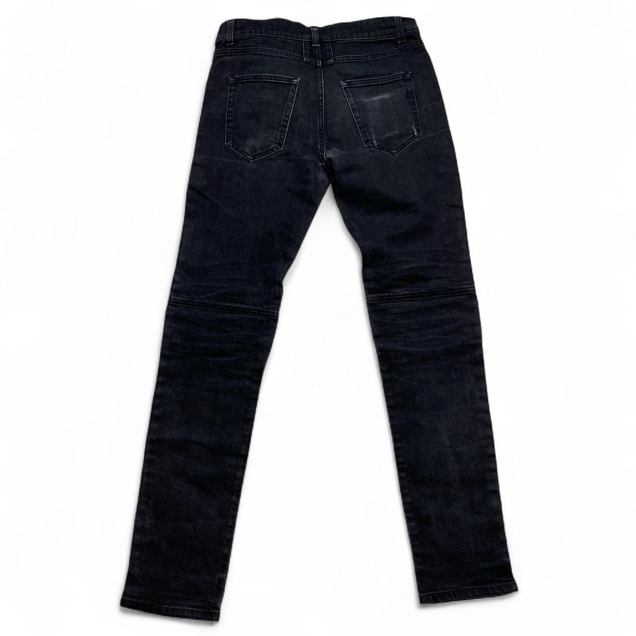 Saint Laurent Paris YSL Black Ribbed Leather Patch Zipper Biker Jeans