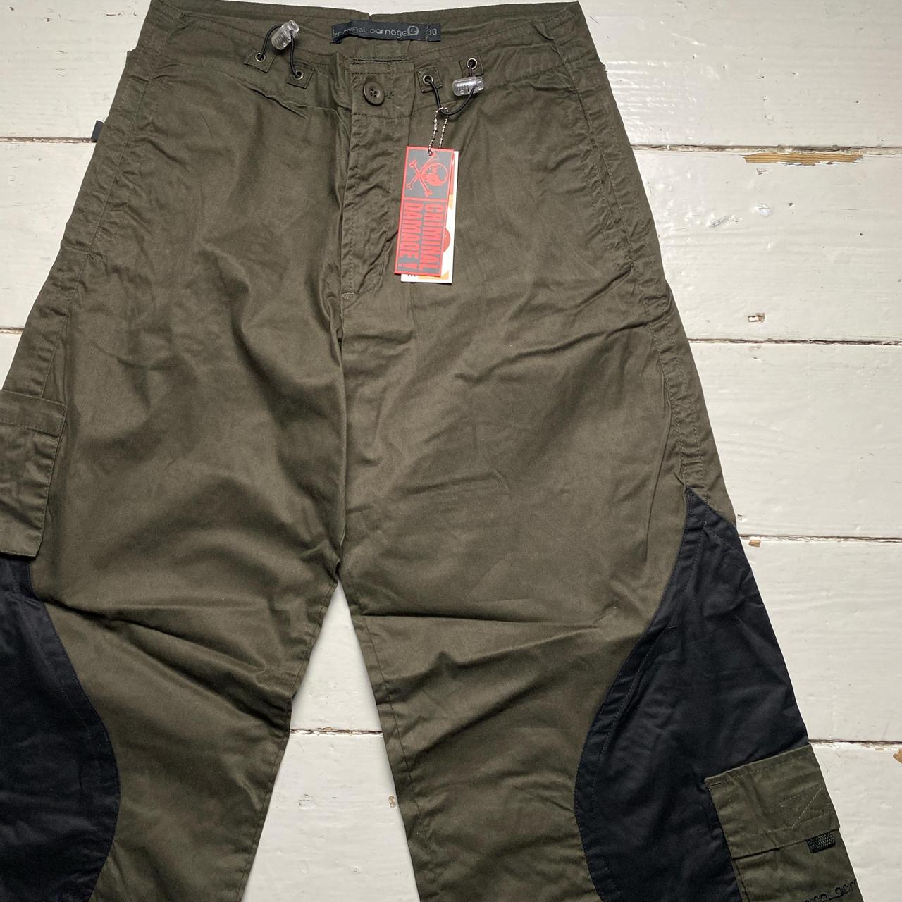 Criminal Damage Khaki Green and Black Baggy Cargo Parachute Combat Trousers