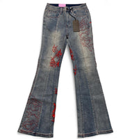 Ed Hardy y2k Light Blue Stonewashed Red Embroidery Love Flared Womens Jeans (27W)