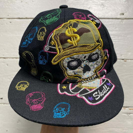 Skull Vintage Diamante Rhinestone Embroidery Fitted Cap