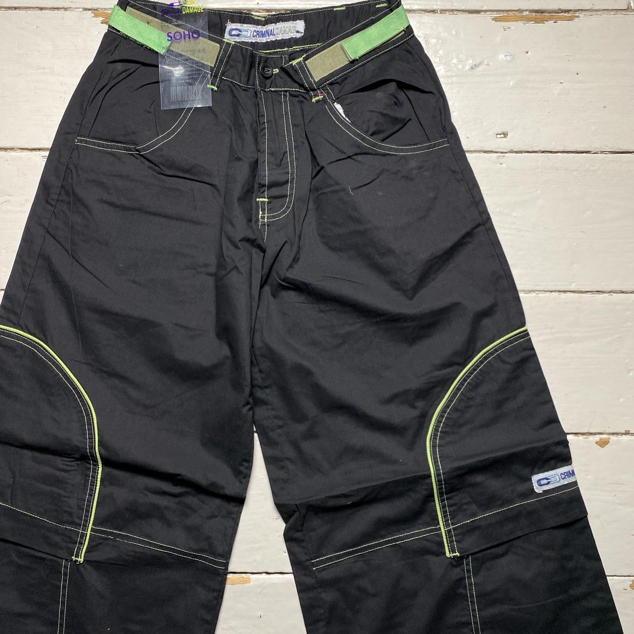 Criminal Damage Cargo Parachute Baggy Combat Trousers Black and Green Contrast Stitch
