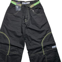 Criminal Damage Cargo Parachute Baggy Combat Trousers Black and Green Contrast Stitch (M)
