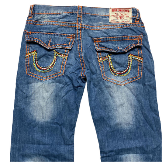 True Religion Joey Rainbow Stitch Orange and Blue Jeans (38W)