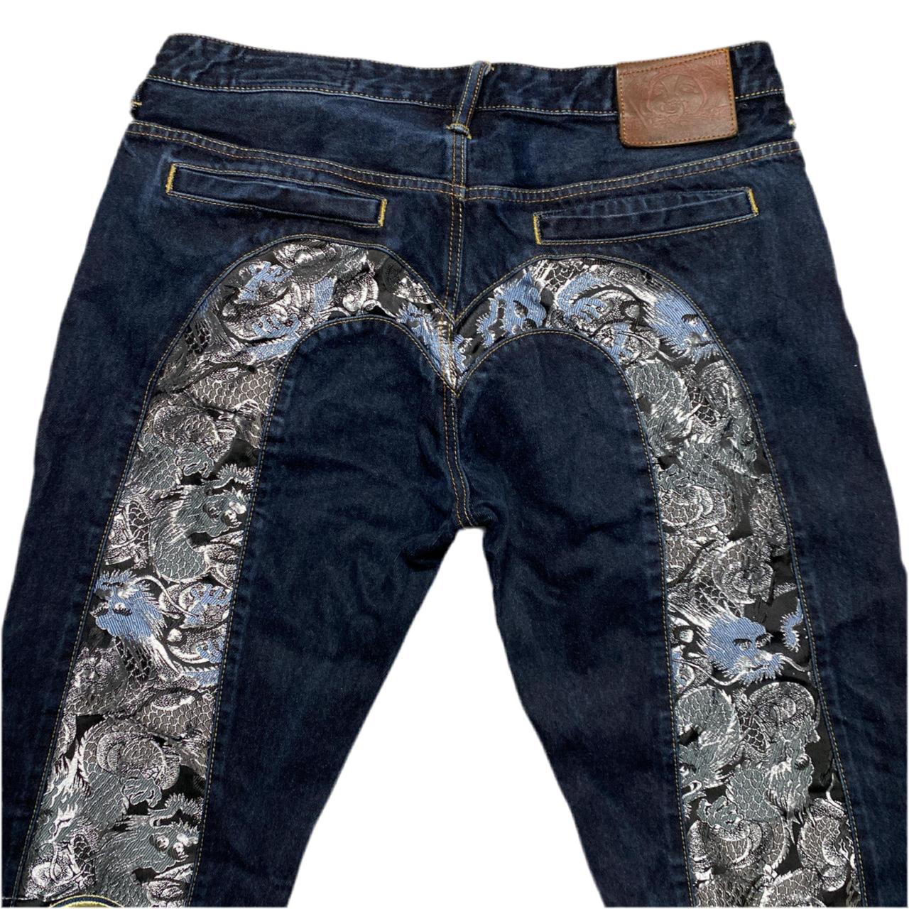 Evisu Big Daicock Swoosh Navy Gold and Silver Jeans (W 36)