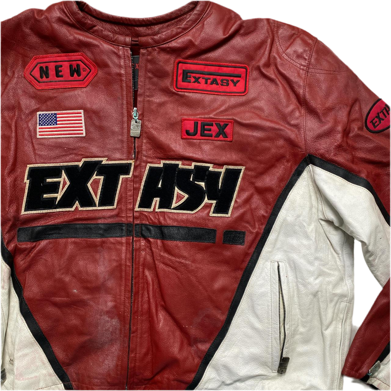 Extasy Vintage 90’s Red White and Black Leather Bomber Jacket (5XL)