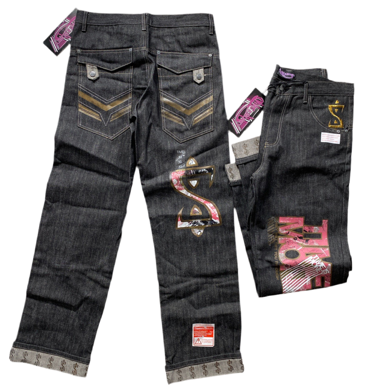 Time Is Money Printed Vintage Jeans (32W)