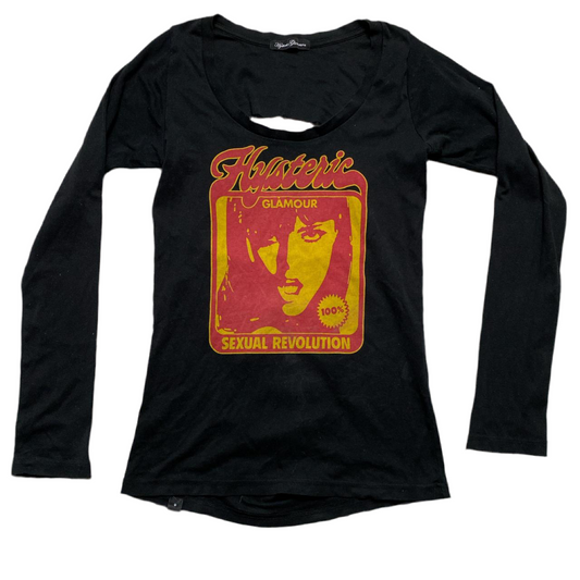 Hysteric Glamour Sexual Revolution Black Yellow and Red Long Sleeve Slit Back T Shirt (S)