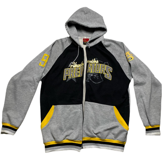 Akademiks Grey Black and Yellow Vintage Hoodie (XL)