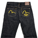 Evisu Kuro Indigo Dark Black Denim and Yellow Embroidered Swoosh Jeans (W 38)