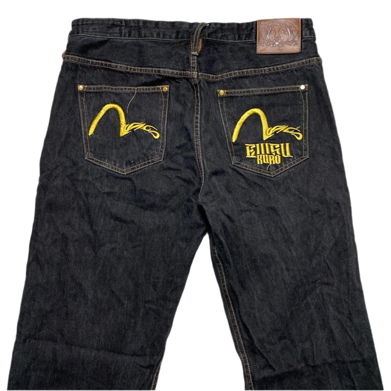 Evisu Kuro Indigo Dark Black Denim and Yellow Embroidered Swoosh Jeans (W 38)