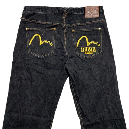 Evisu Kuro Indigo Dark Black Denim and Yellow Embroidered Swoosh Jeans (W 38)