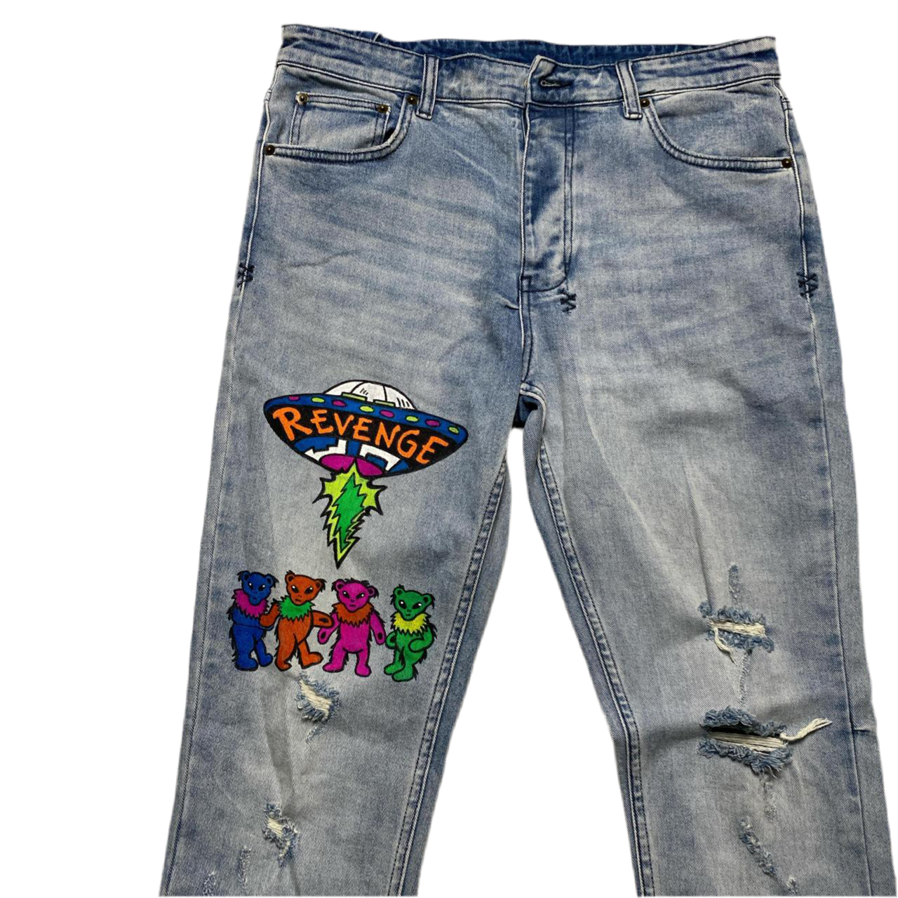 Ksubi Light Blue Custom AJ Tracey Revenge Grateful Dead Slim Distressed Jeans (W 34)