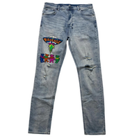 Ksubi Light Blue Custom AJ Tracey Revenge Grateful Dead Slim Distressed Jeans (W 34)