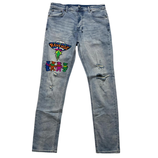 Ksubi Light Blue Custom AJ Tracey Revenge Grateful Dead Slim Distressed Jeans (W 34)