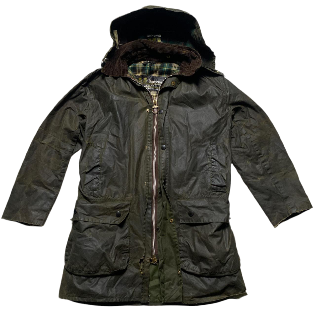 Barbour Waxed Border Khaki Green Tartan Parka Hooded Jacket (L)