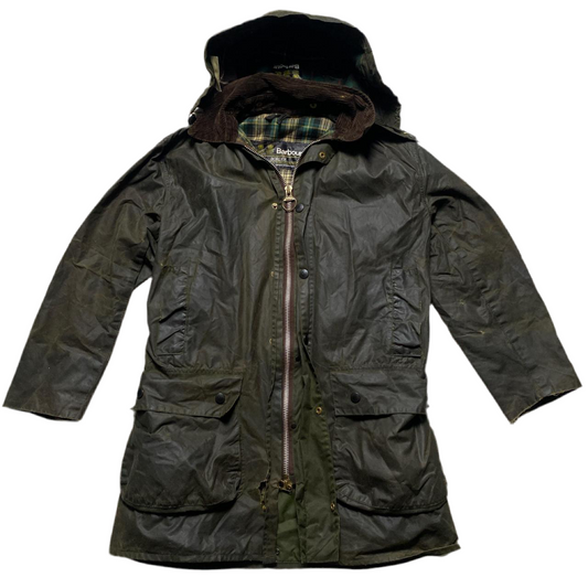 Barbour Waxed Border Khaki Green Tartan Parka Hooded Jacket (L)