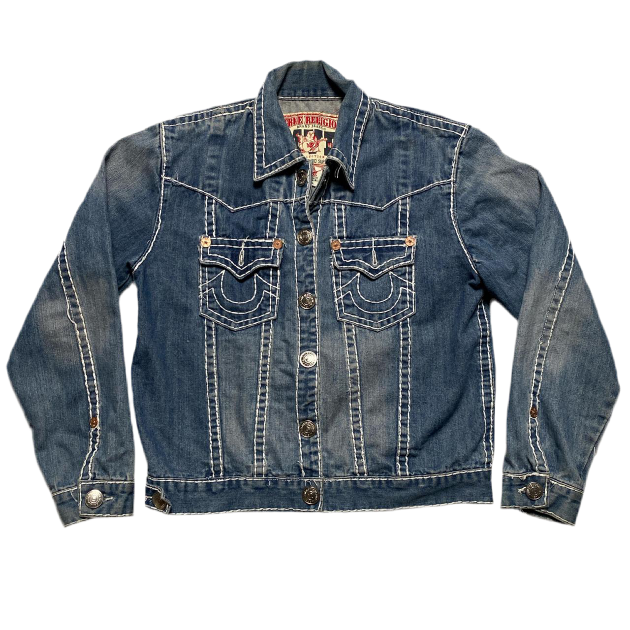 True Religion MVP Point Couro Super T Blue and White Stitch Denim Jacket (XL)