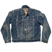 True Religion MVP Point Couro Super T Blue and White Stitch Denim Jacket (XL)