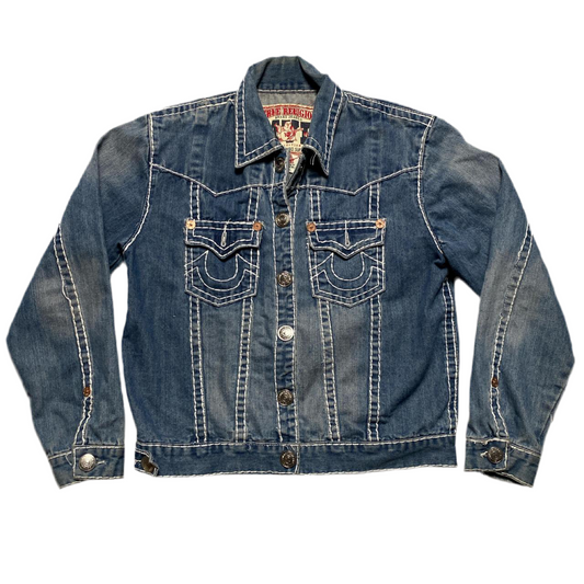True Religion MVP Point Couro Super T Blue and White Stitch Denim Jacket (XL)