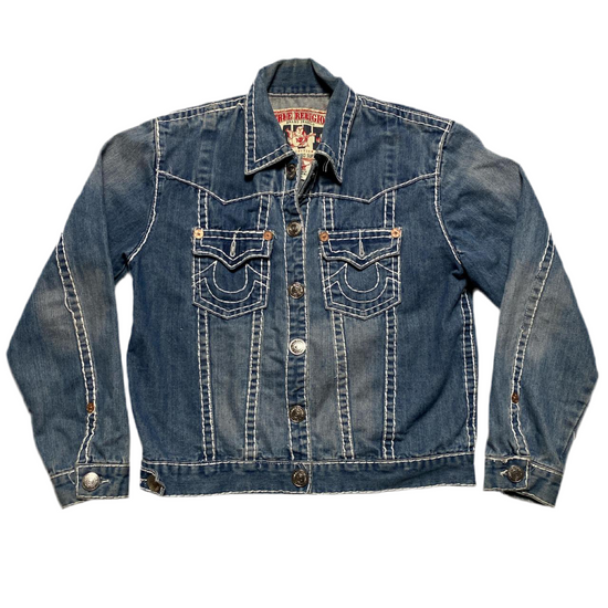 True Religion MVP Point Couro Super T Blue and White Stitch Denim Jacket (XL)