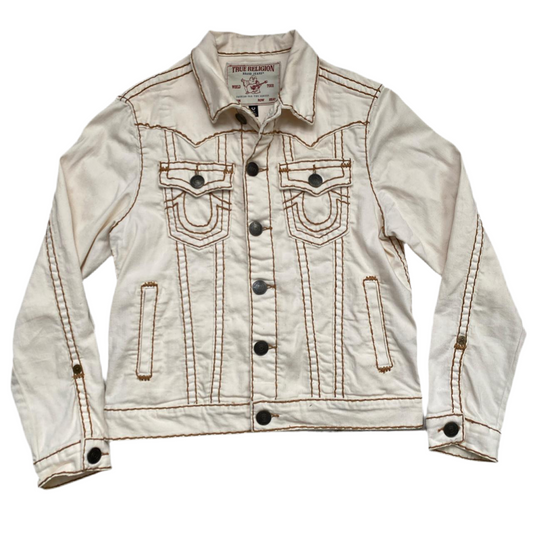 True Religion Cream and Golden Brown Stitch Denim Jacket (S)