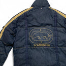 Ecko UNLTD Vintage Denim Navy and Brown Embroidery Puffer Jacket (L)