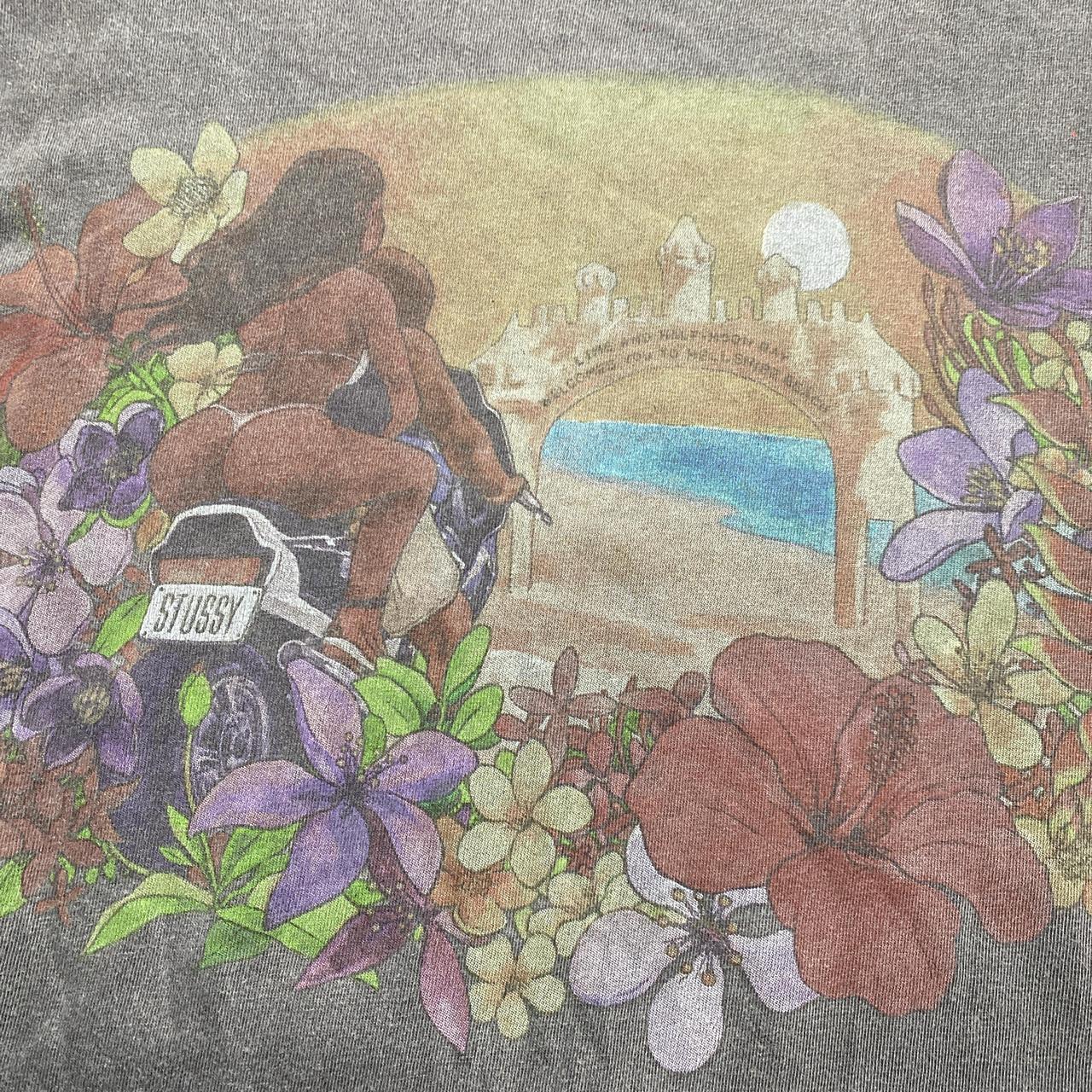 Stussy Hawaiian Motorbiker Girl Grey Floral Long Sleeve T Shirt