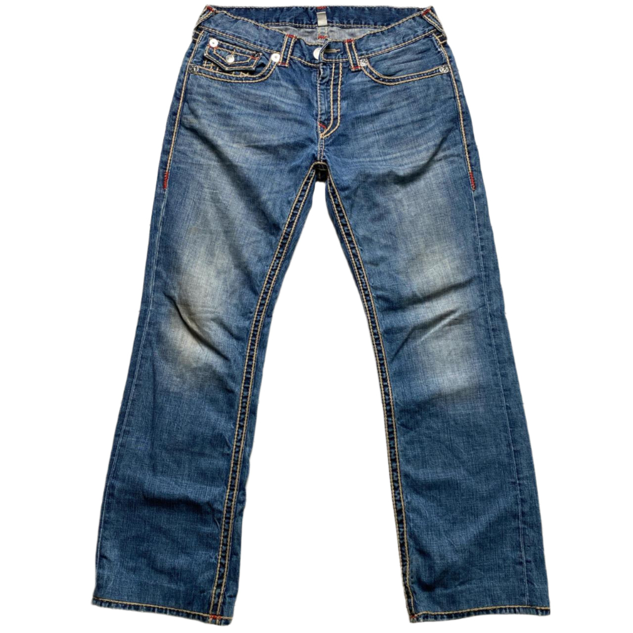 True Religion Big Stitch Straight Blue Brown and Red Baggy Jeans (34W)