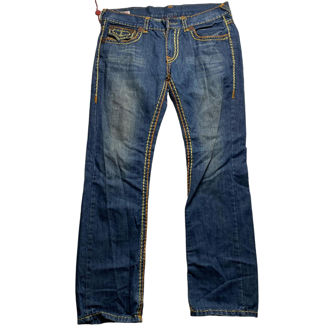 True Religon Bily Super QT Big Yellow Gold Stitch Blue Jeans (36W)