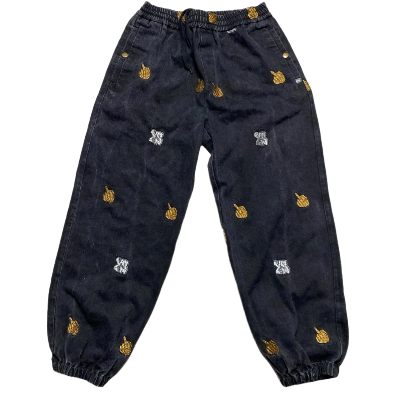 Yardsale Skateboards Black White and Gold Middle Fingers Denim Joggers (M)