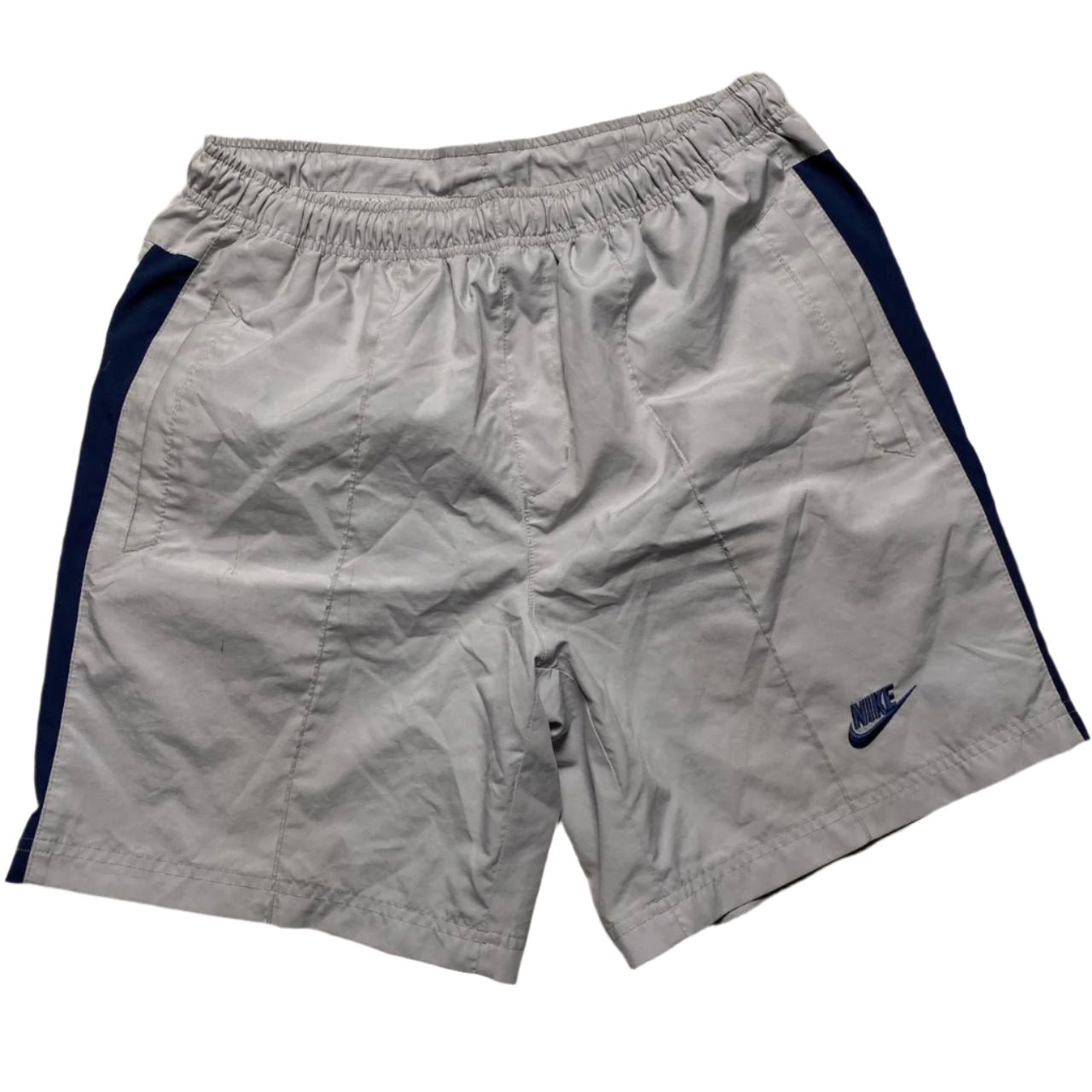 Nike Silver and Navy Vintage y2k Nylon Shell Bottom Shorts (M)