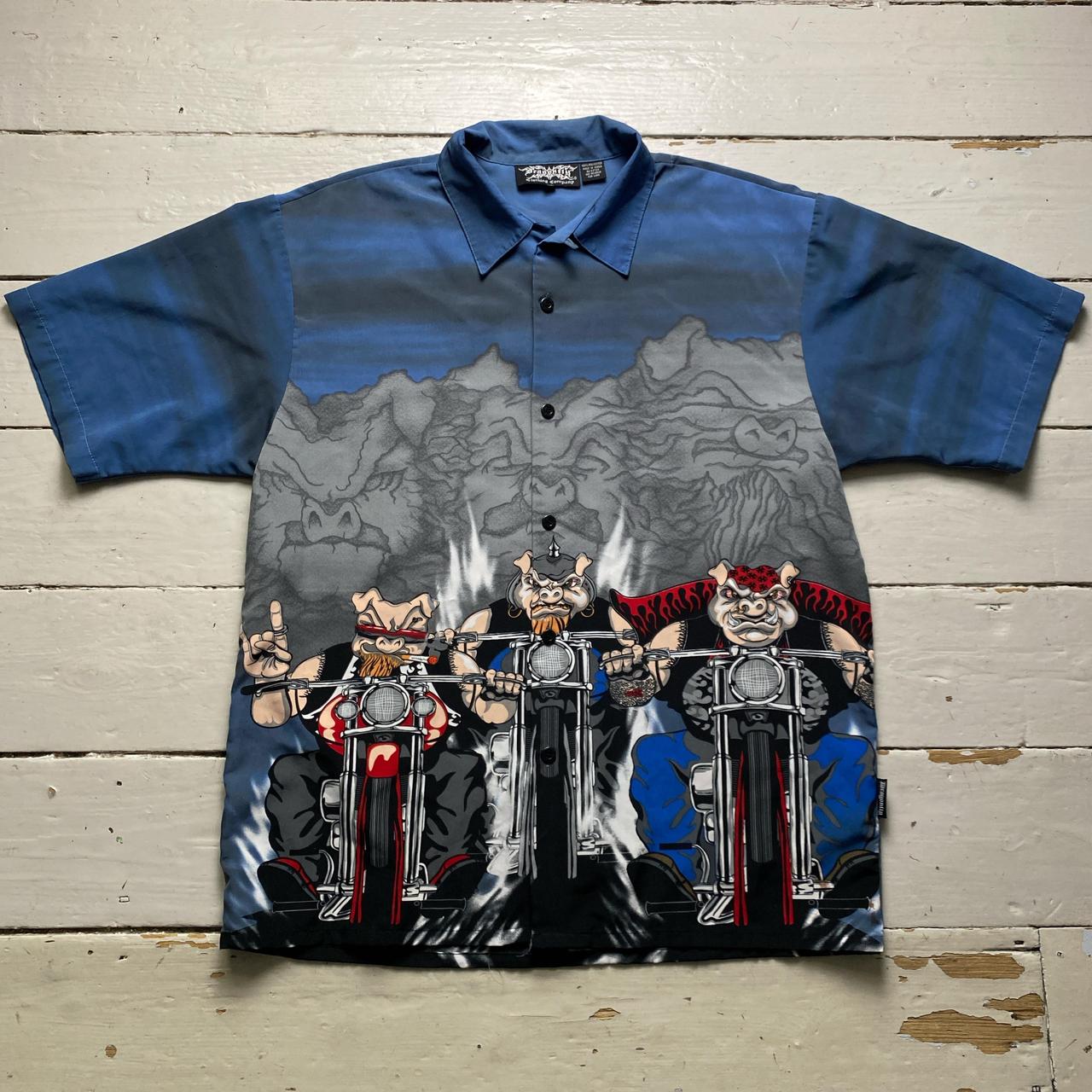 Y2K Pig Bikers Cartoon Animated Short Sleeve Silk Shirt