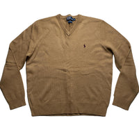 Ralph Lauren Polo Lambs Wool Brown V Neck Jumper (XL)