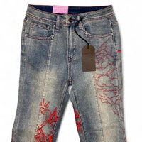 Ed Hardy y2k Light Blue Stonewashed Red Embroidery Love Flared Womens Jeans (27W)