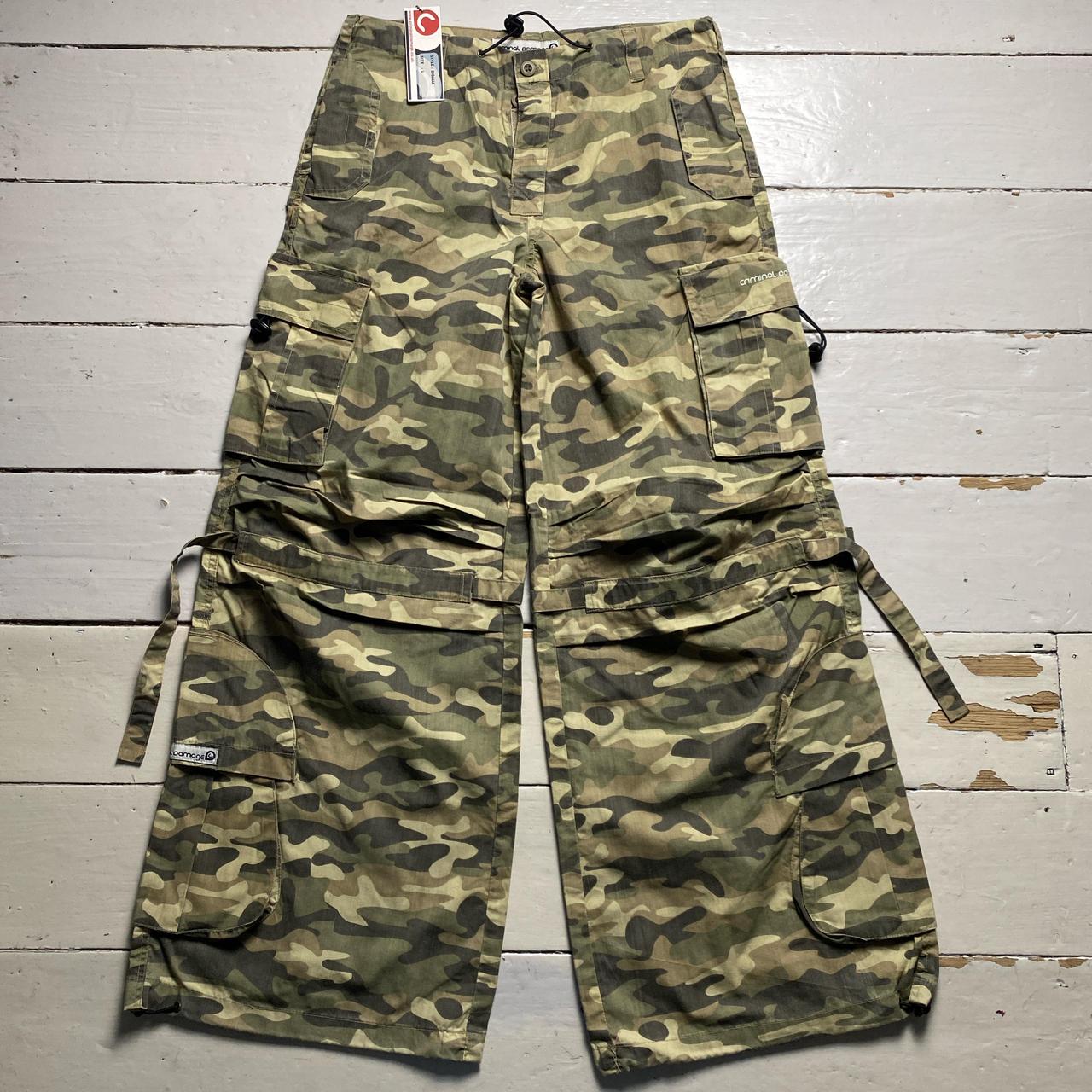 Criminal Damage Light Green Khaki Camouflage Cargo Baggy Vintage y2k Combat Trousers