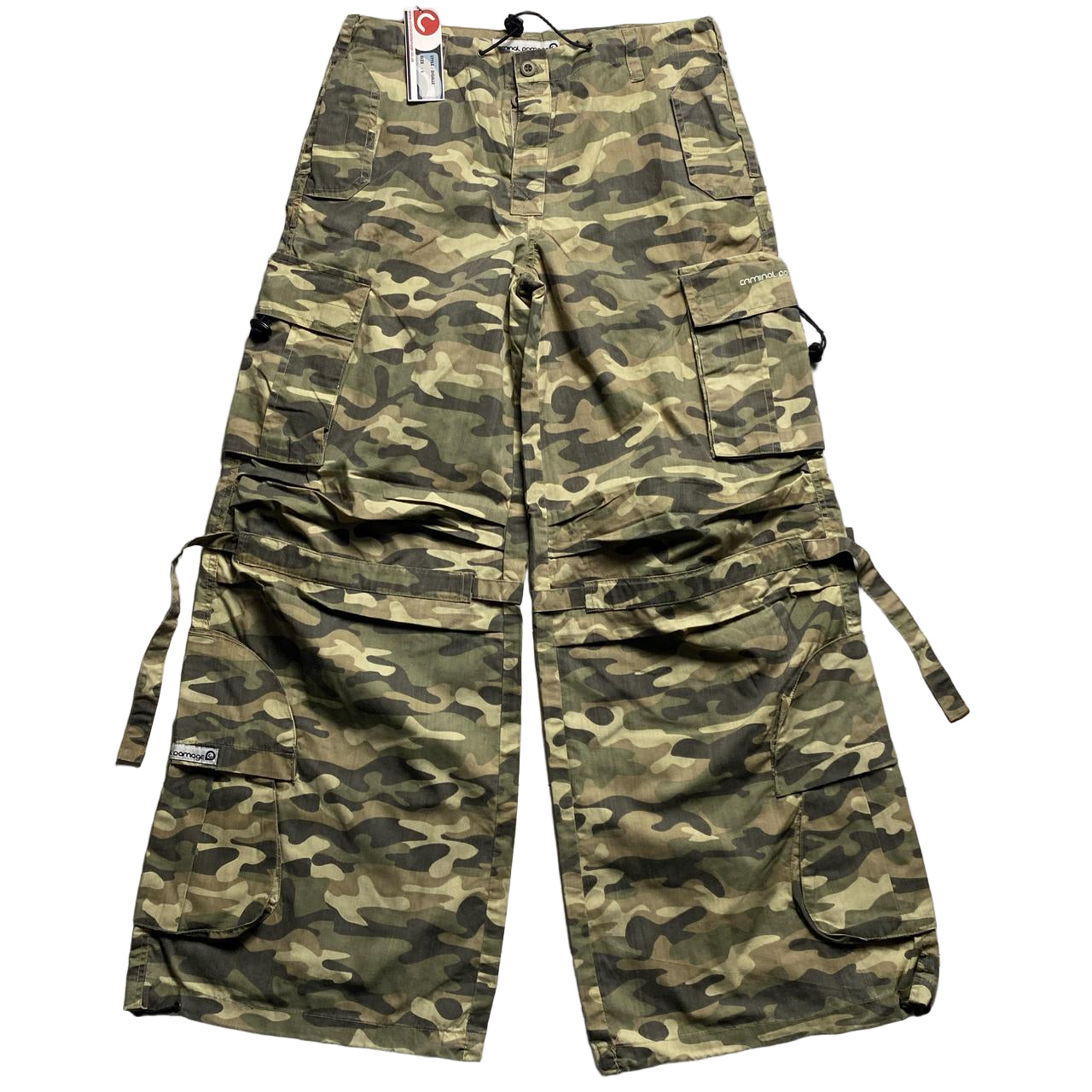 Criminal Damage Light Green Khaki Camouflage Cargo Baggy Vintage y2k Combat Trousers (30/32W)